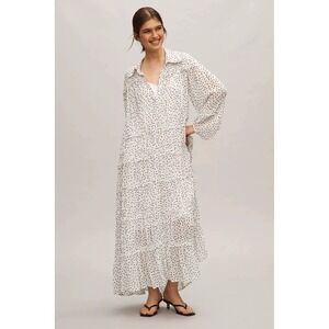 By Anthropologie Long-Sleeve Smocked Tiered Maxi Dress Sz‎ S Polka Dot